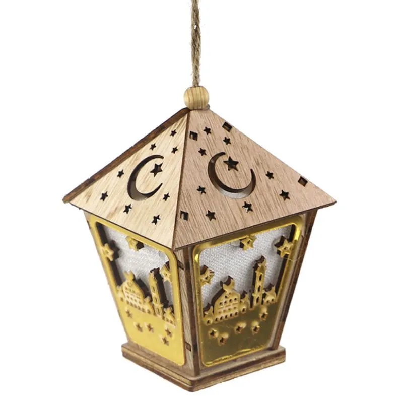 Three-dimensional carved boxwood house pendant with LED lights in blue colour option