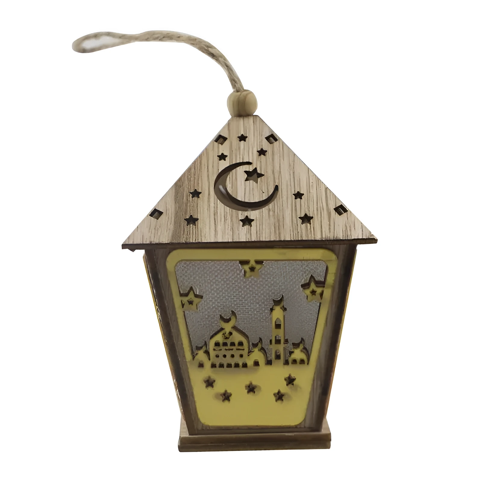 Three-dimensional carved boxwood house pendant with LED lights in blue colour option