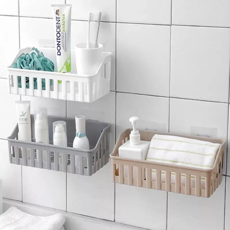 Off-white wall suction storage basket PP plastic 26.5x12x6cm bathroom kitchen