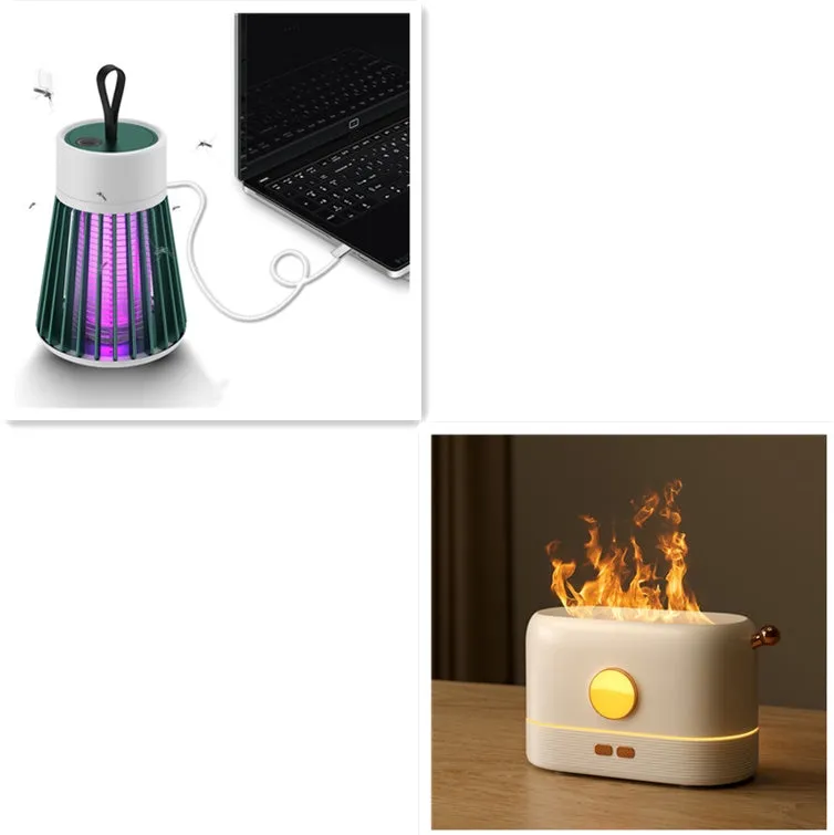 Black USB humidifier with LED flame simulation effect on wooden desk