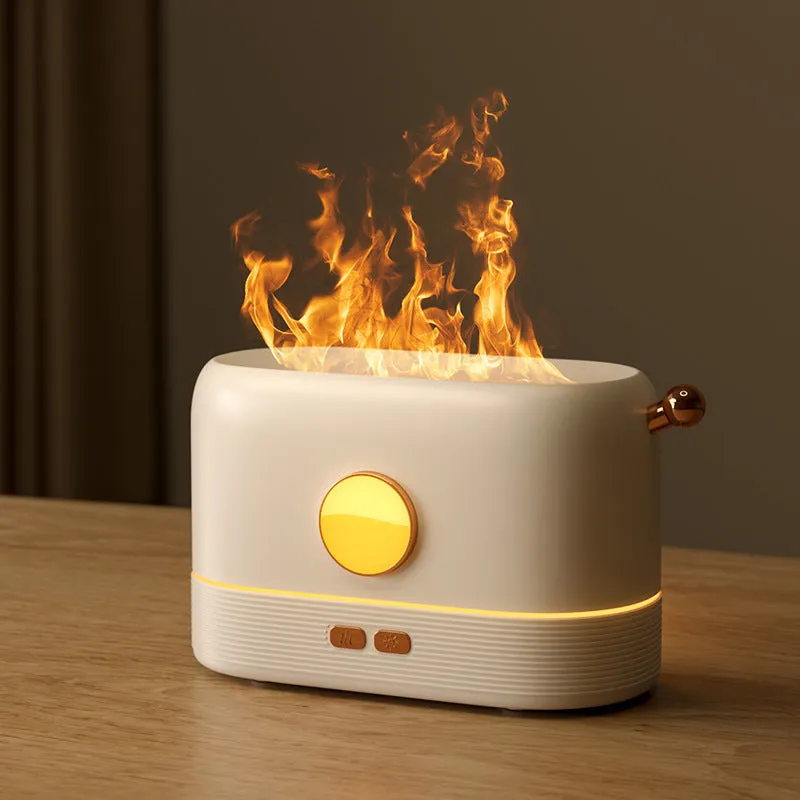 Black USB humidifier with LED flame simulation effect on wooden desk
