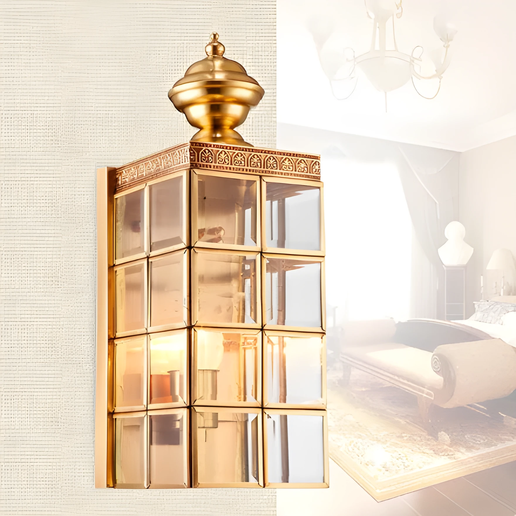 Full copper wall lamp with glass shade and gold finish on a brick balcony wall
