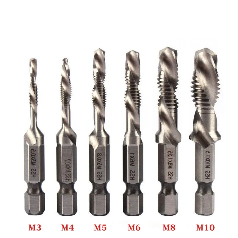Cross-border hexagonal shank compound tap, high-speed steel, 6mm thread, spiral groove, 75mm total length