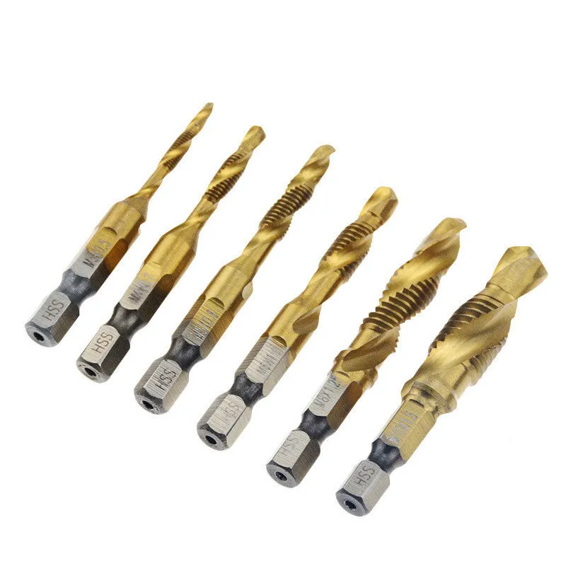 Cross-border hexagonal shank compound tap, high-speed steel, 6mm thread, spiral groove, 75mm total length
