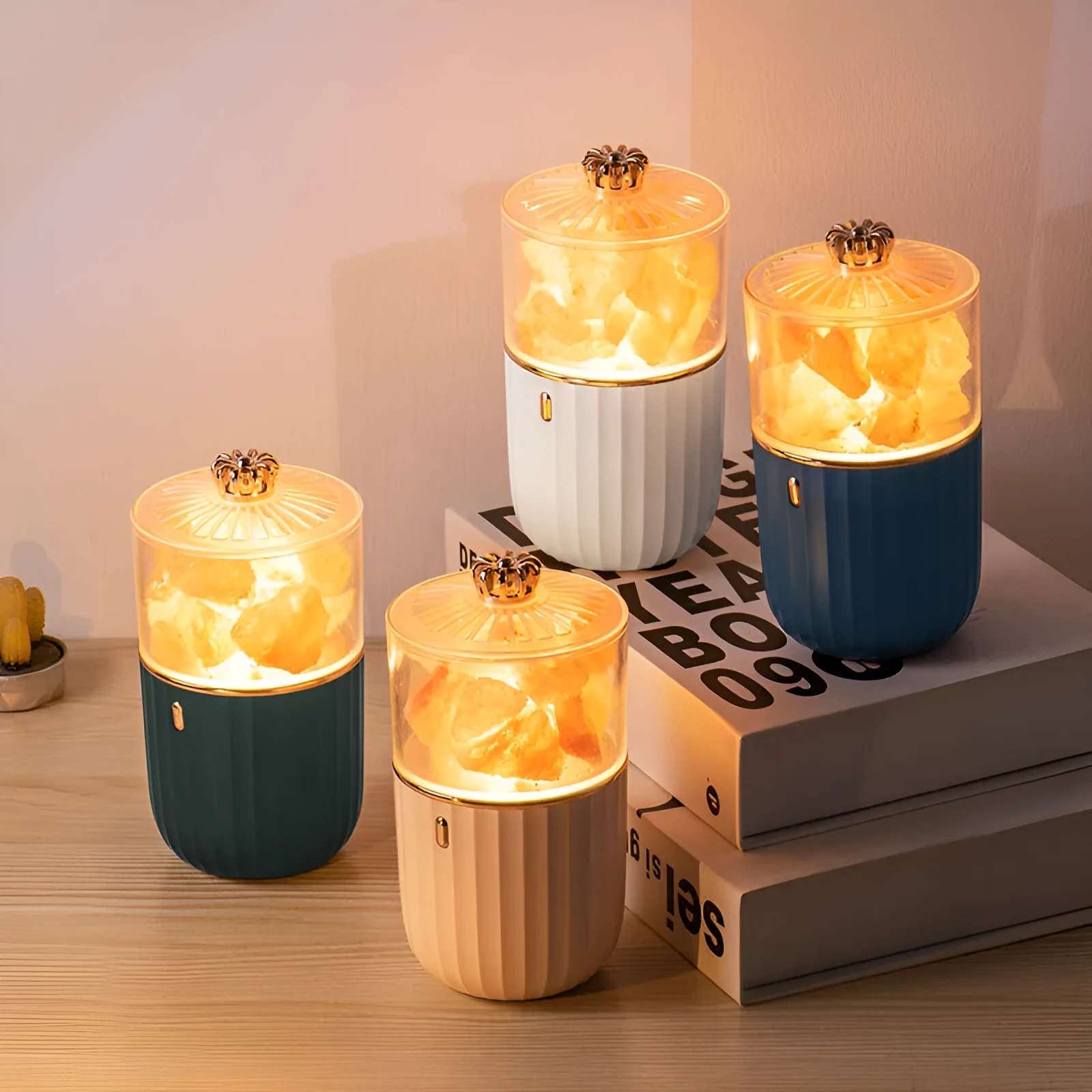 Household aromatherapy purification lamp with salt stone, plastic lampshade, colourful LED, blue colour, for vehicle or desktop