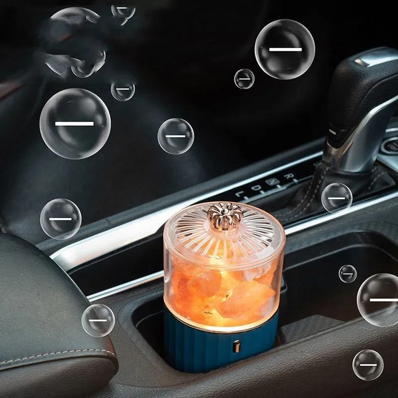 Household aromatherapy purification lamp with salt stone, plastic lampshade, colourful LED, blue colour, for vehicle or desktop