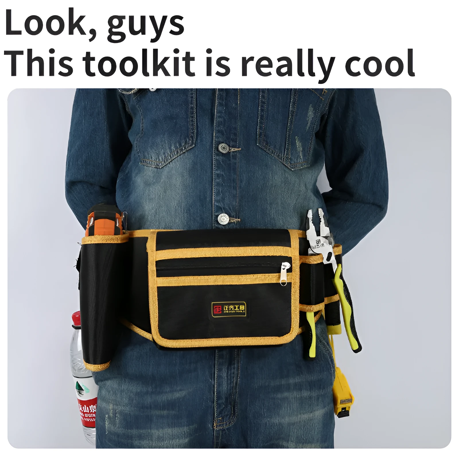 Yellow canvas electrician tool kit waist bag with multi-function storage pockets and belt loop