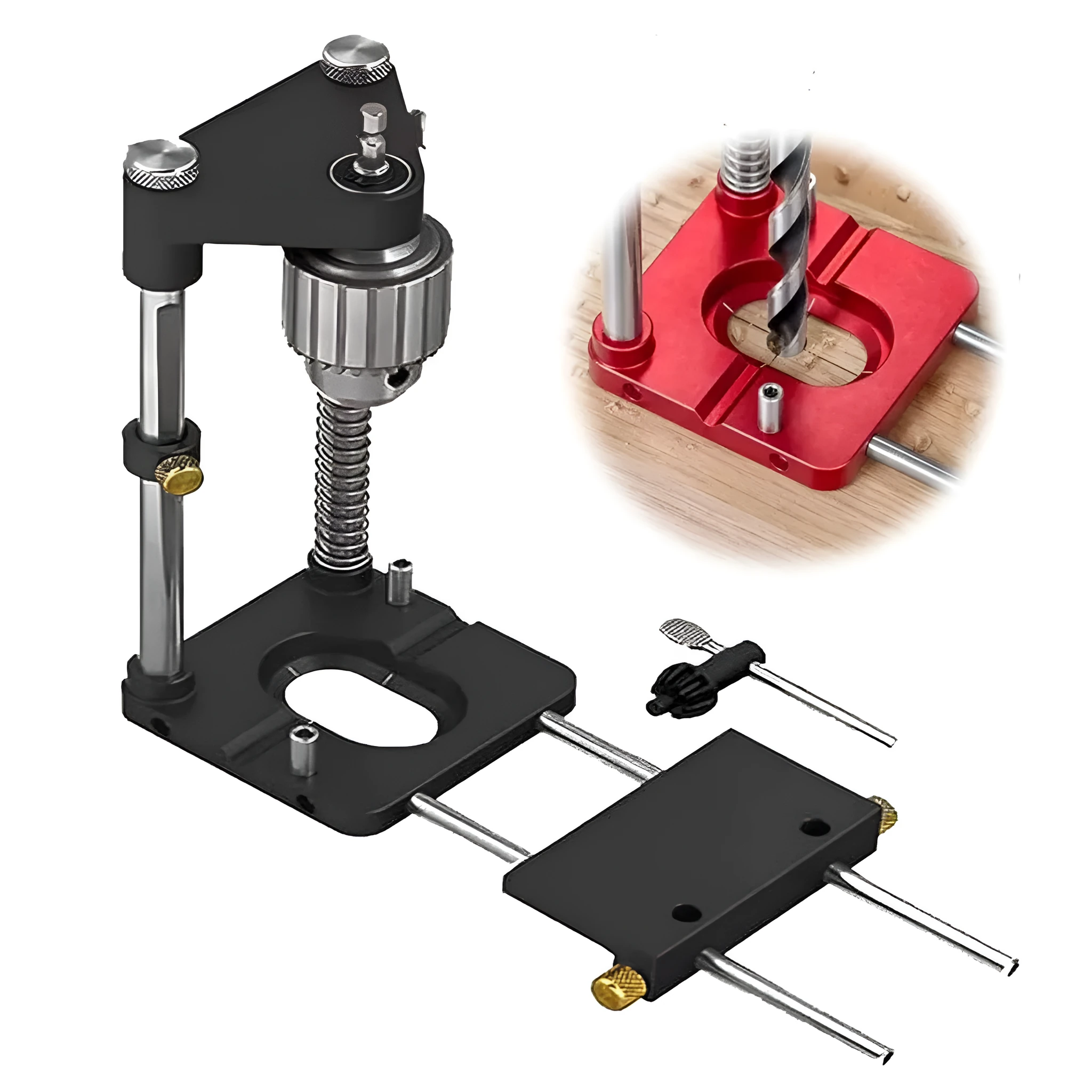 Red alloy steel woodworking drill locator on wood surface with plastic components