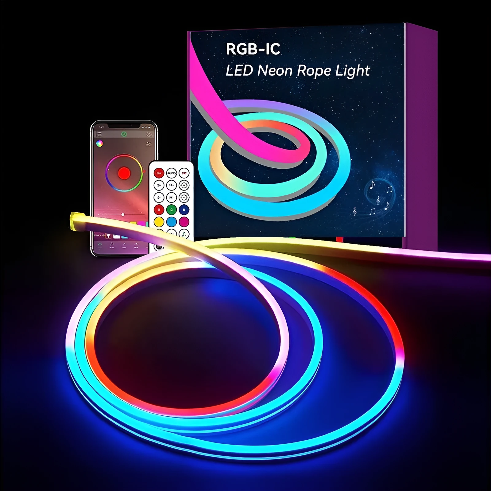 Colourful LED neon strip light with silicone bar, 72 5050 LEDs, full colour, waterproof, 3m roll, remote control