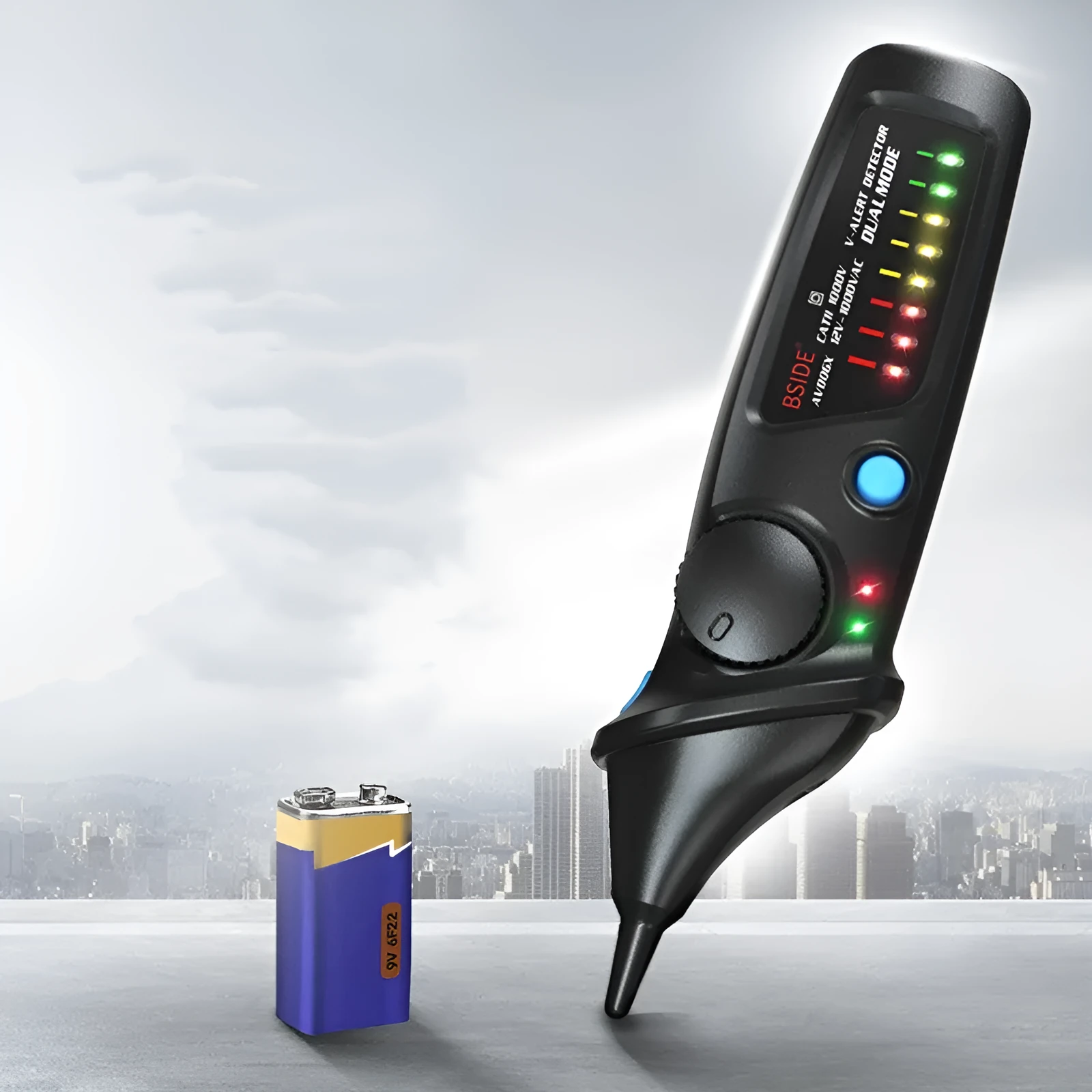 Smart sensor electrical test pencil with a long insulated round tip and LED indicator light.