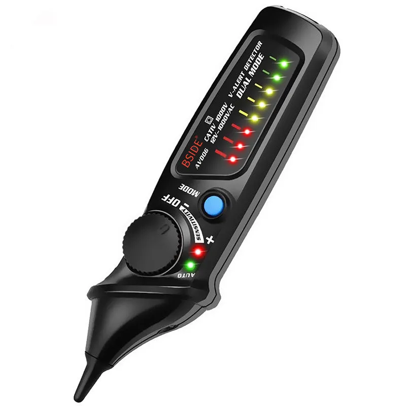 Smart sensor electrical test pencil with a long insulated round tip and LED indicator light.