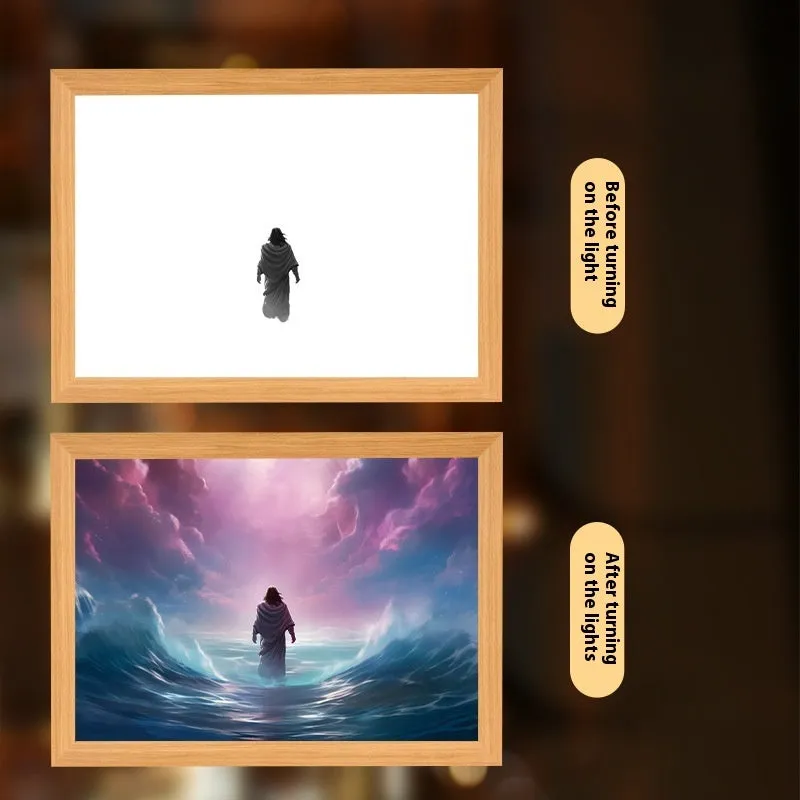 Jesus LED light painting with acrylic panel and wooden frame, three-colour backlight, home decoration