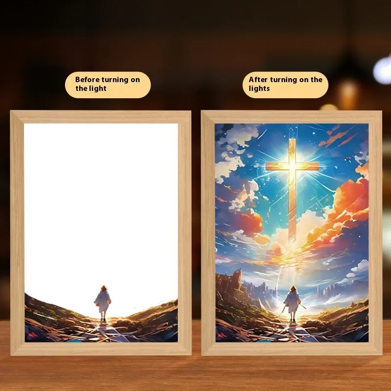 Jesus LED light painting with acrylic panel and wooden frame, three-colour backlight, home decoration