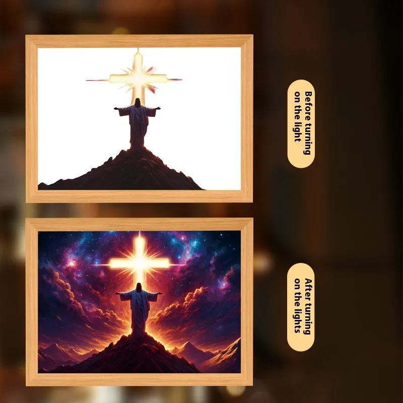 Jesus LED light painting with acrylic panel and wooden frame, three-colour backlight, home decoration
