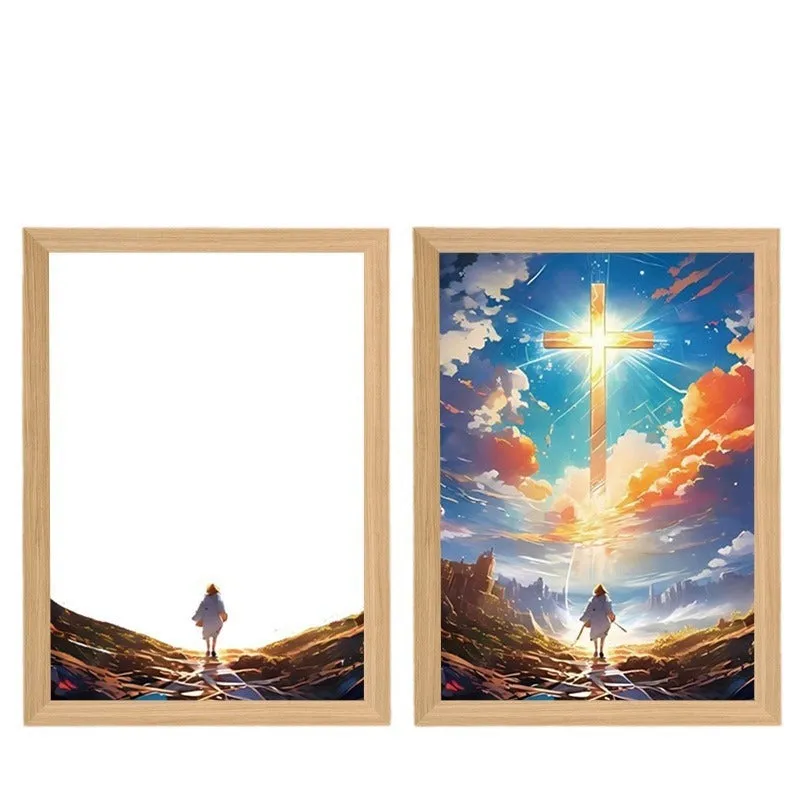Jesus LED light painting with acrylic panel and wooden frame, three-colour backlight, home decoration