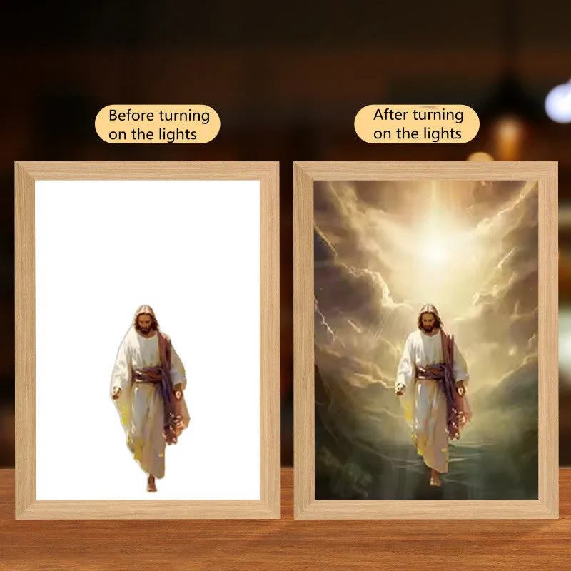 Jesus LED light painting with acrylic panel and wooden frame, three-colour backlight, home decoration