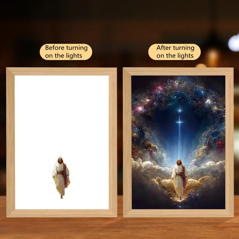 Jesus LED light painting with acrylic panel and wooden frame, three-colour backlight, home decoration