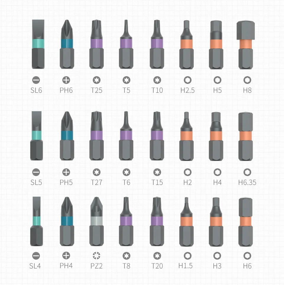 24-in-1 ratchet screwdriver set with S2 alloy steel bits, 58-tooth ratchet handle, and elastic arm locking structure on a workbench