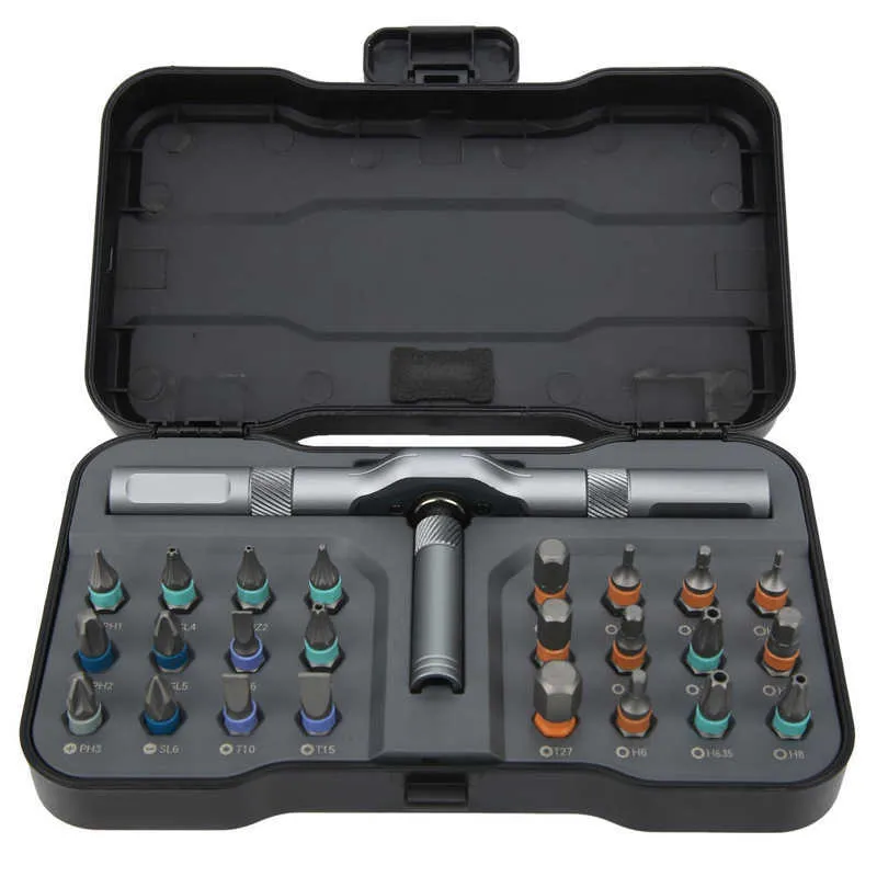 24-in-1 ratchet screwdriver set with S2 alloy steel bits, 58-tooth ratchet handle, and elastic arm locking structure on a workbench