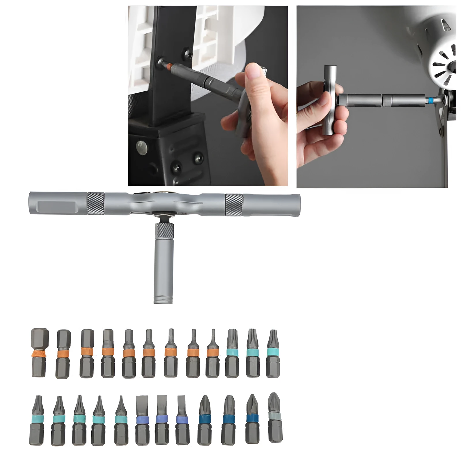 24-in-1 ratchet screwdriver set with S2 alloy steel bits, 58-tooth ratchet handle, and elastic arm locking structure on a workbench