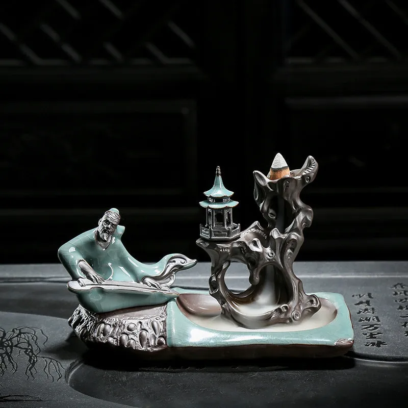 Ge Kiln ceramic backflow incense burner with incense seat on wooden tea table