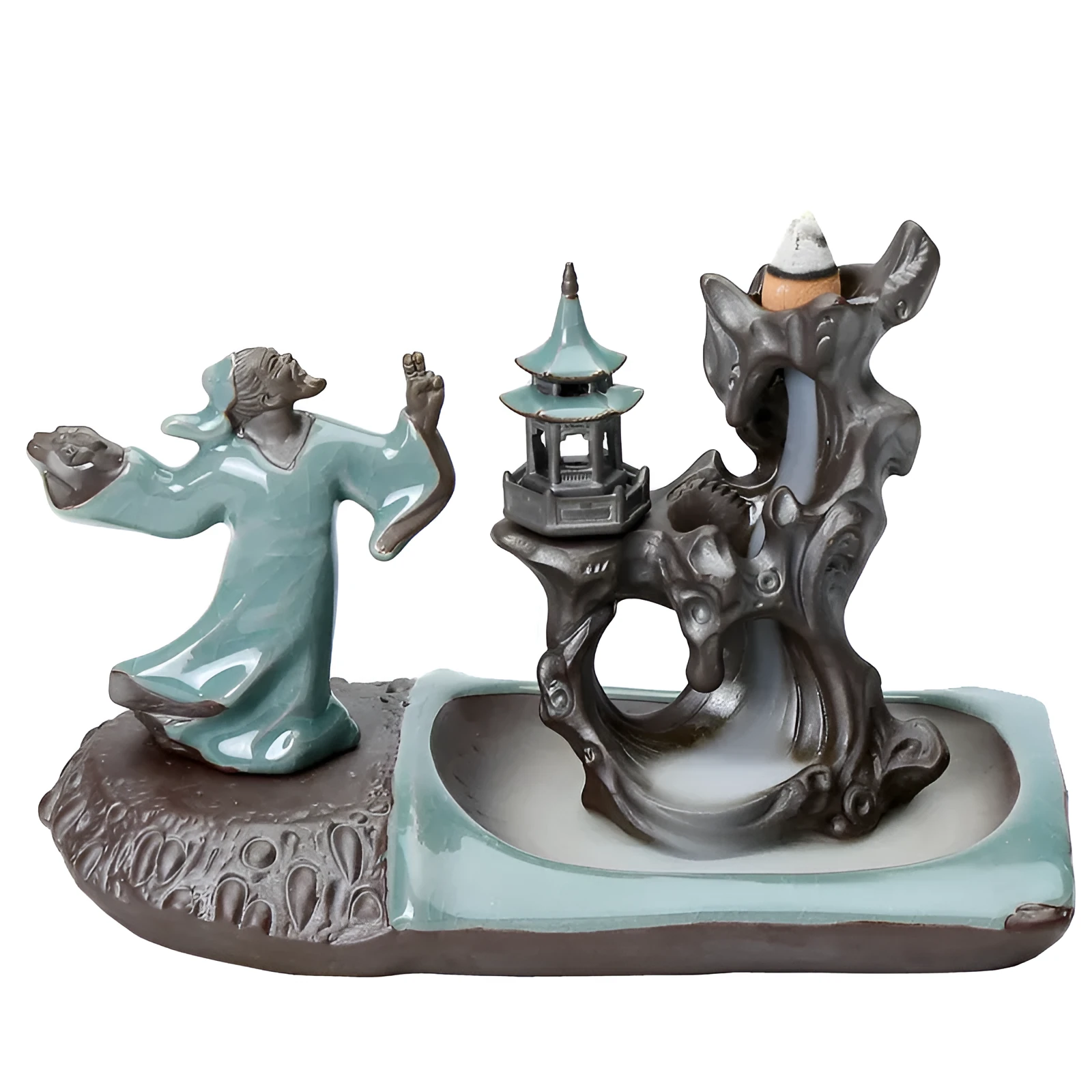 Ge Kiln ceramic backflow incense burner with incense seat on wooden tea table