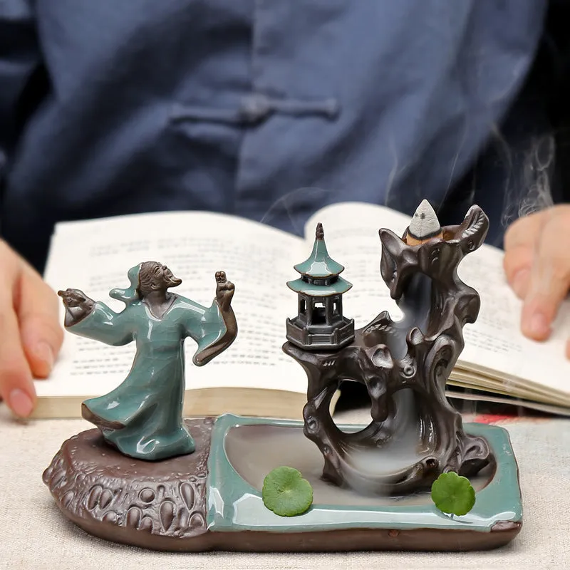 Ge Kiln ceramic backflow incense burner with incense seat on wooden tea table