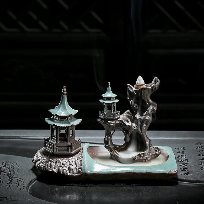Ge Kiln ceramic backflow incense burner with incense seat on wooden tea table