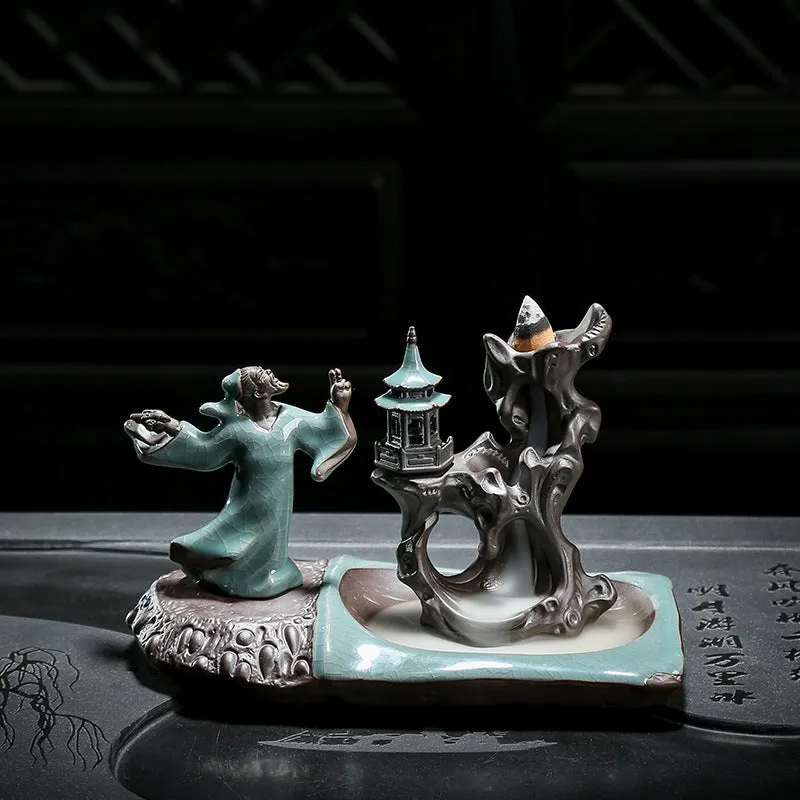 Ge Kiln ceramic backflow incense burner with incense seat on wooden tea table