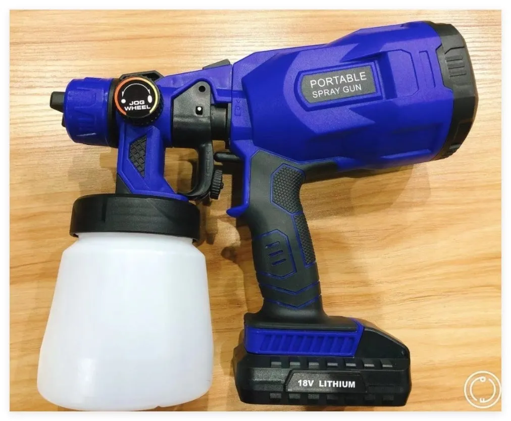 Blue cordless paint spray gun with 800ml watering can and lithium battery pack