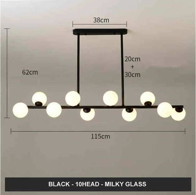 Modern minimalist glass bubble ball chandelier with 6 black arms and clear glass shades