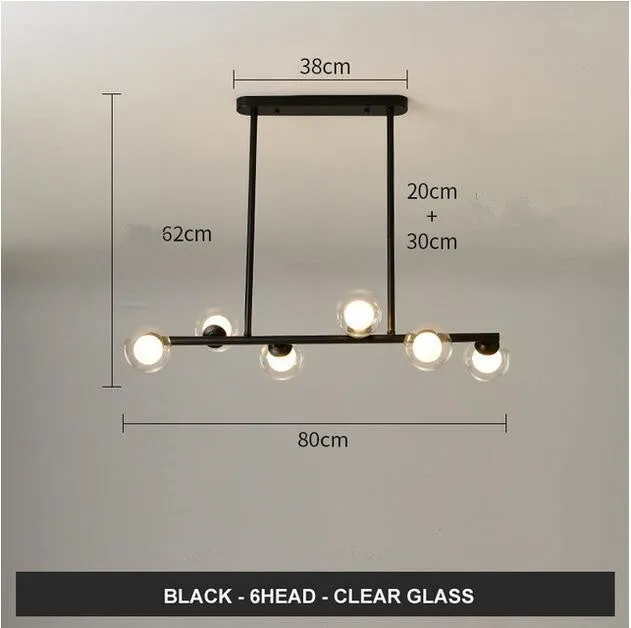 Modern minimalist glass bubble ball chandelier with 6 black arms and clear glass shades