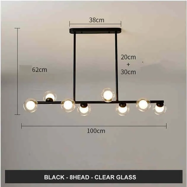 Modern minimalist glass bubble ball chandelier with 6 black arms and clear glass shades
