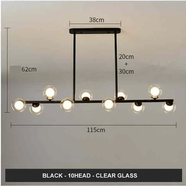 Modern minimalist glass bubble ball chandelier with 6 black arms and clear glass shades