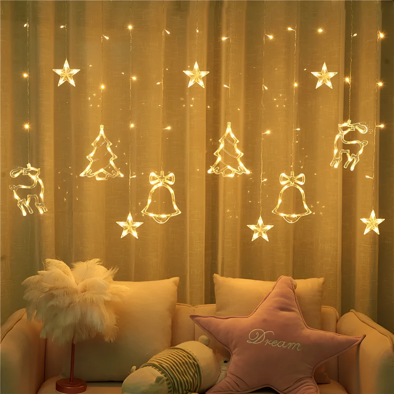 LED Christmas light string with 138 warm white lights, 3.5m length, copper wire, and festive pendants on a dark background