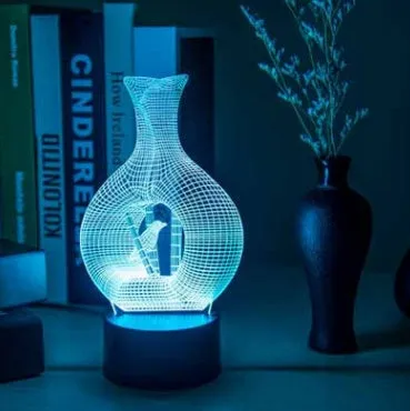 Creative 3D acrylic LED night light with touch button and multi-colour illumination on ABS base.