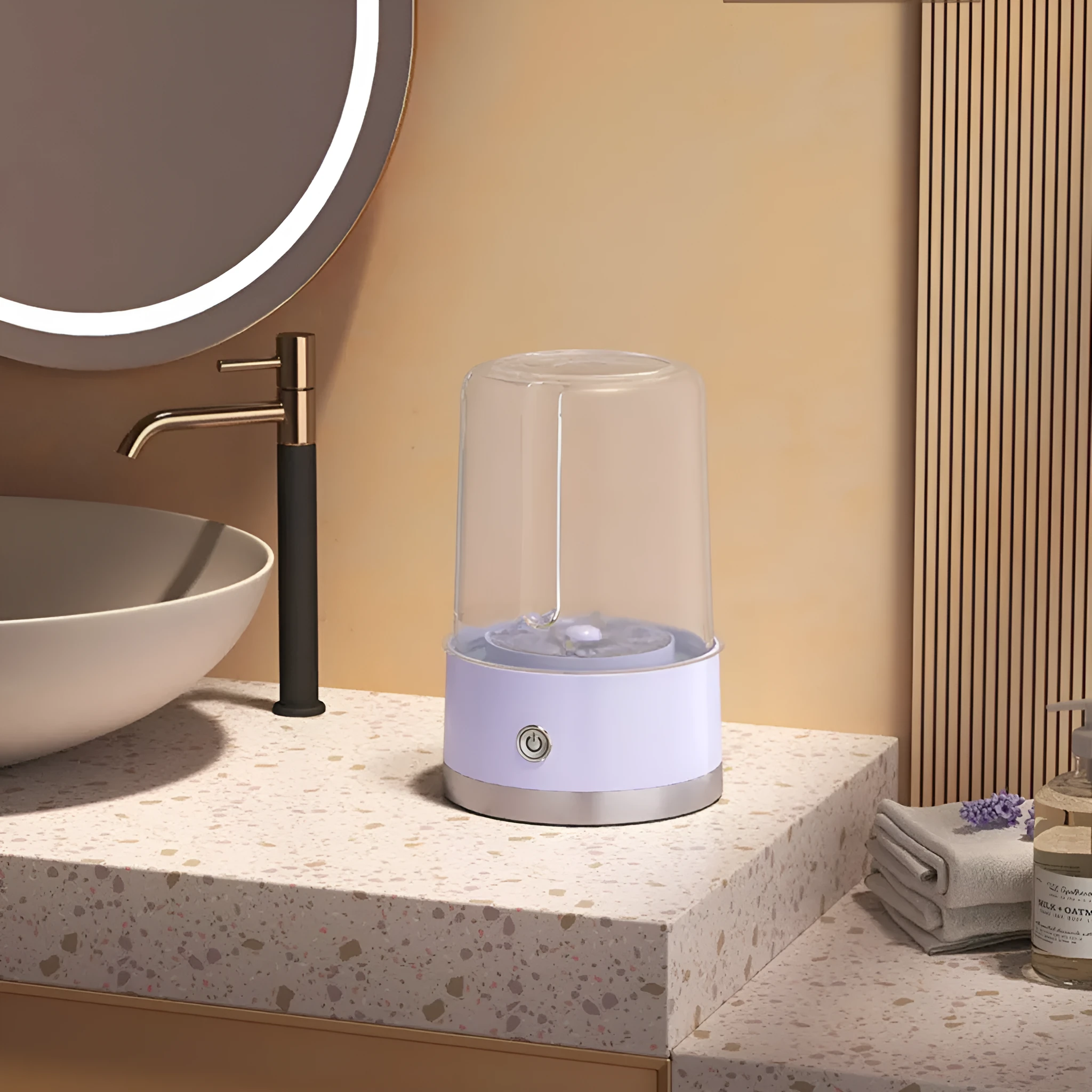 Portable USB rechargeable underwear washing machine in green colour showing laundry cup with mechanical switch
