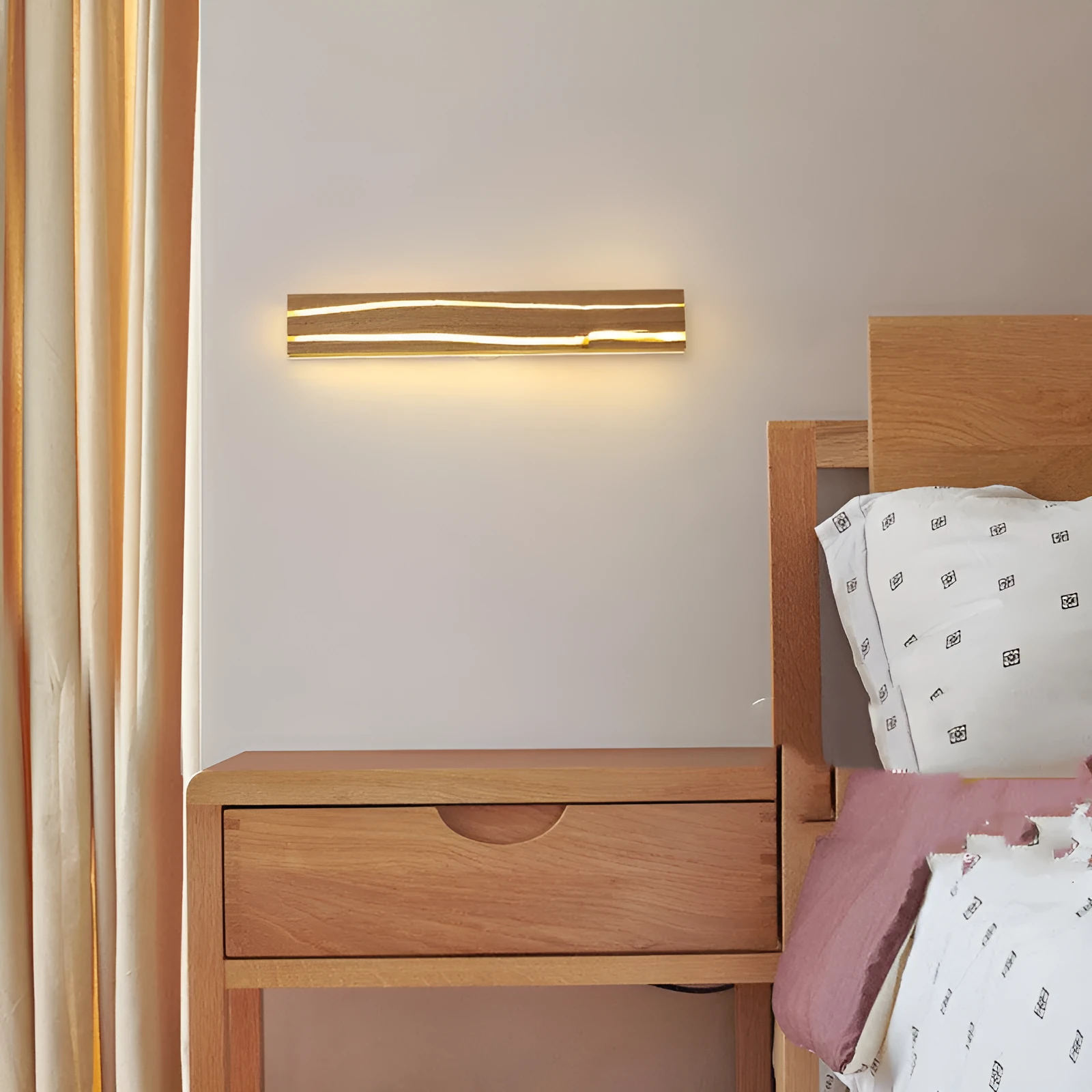 Solid wood bedroom LED wall light in log colour with rubber wood and acrylic construction