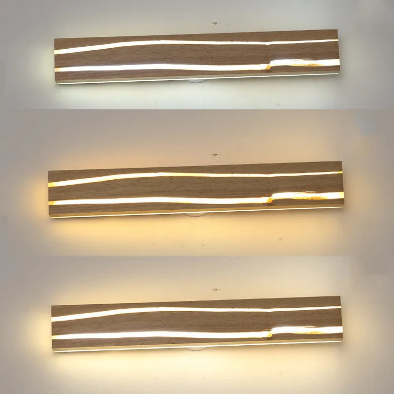 Solid wood bedroom LED wall light in log colour with rubber wood and acrylic construction