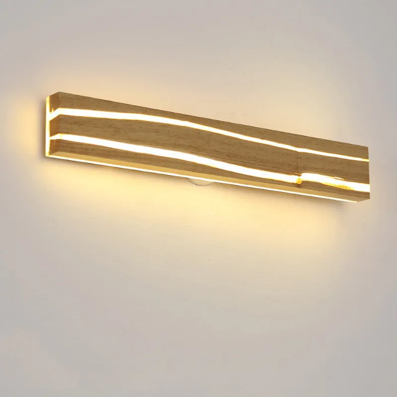 Solid wood bedroom LED wall light in log colour with rubber wood and acrylic construction