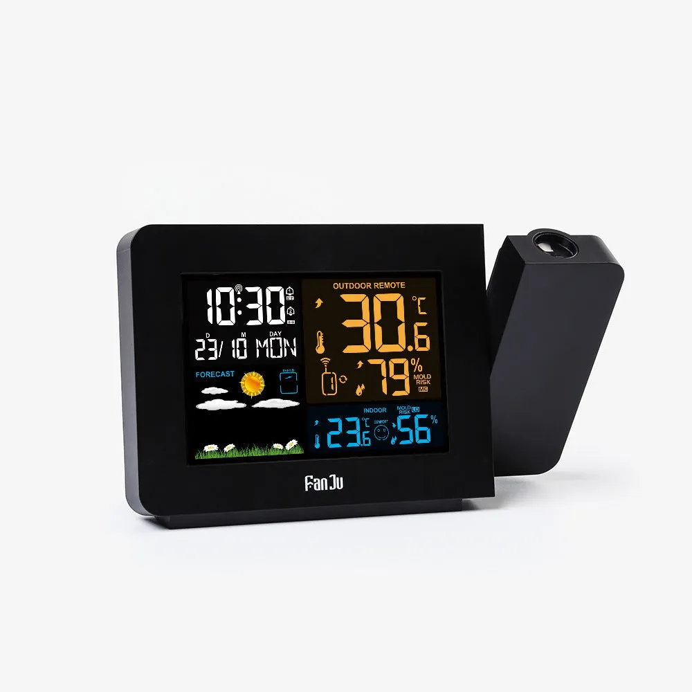 Multifunctional projection alarm clock showing time and temperature projection, with dual alarm and weather forecast on digital display