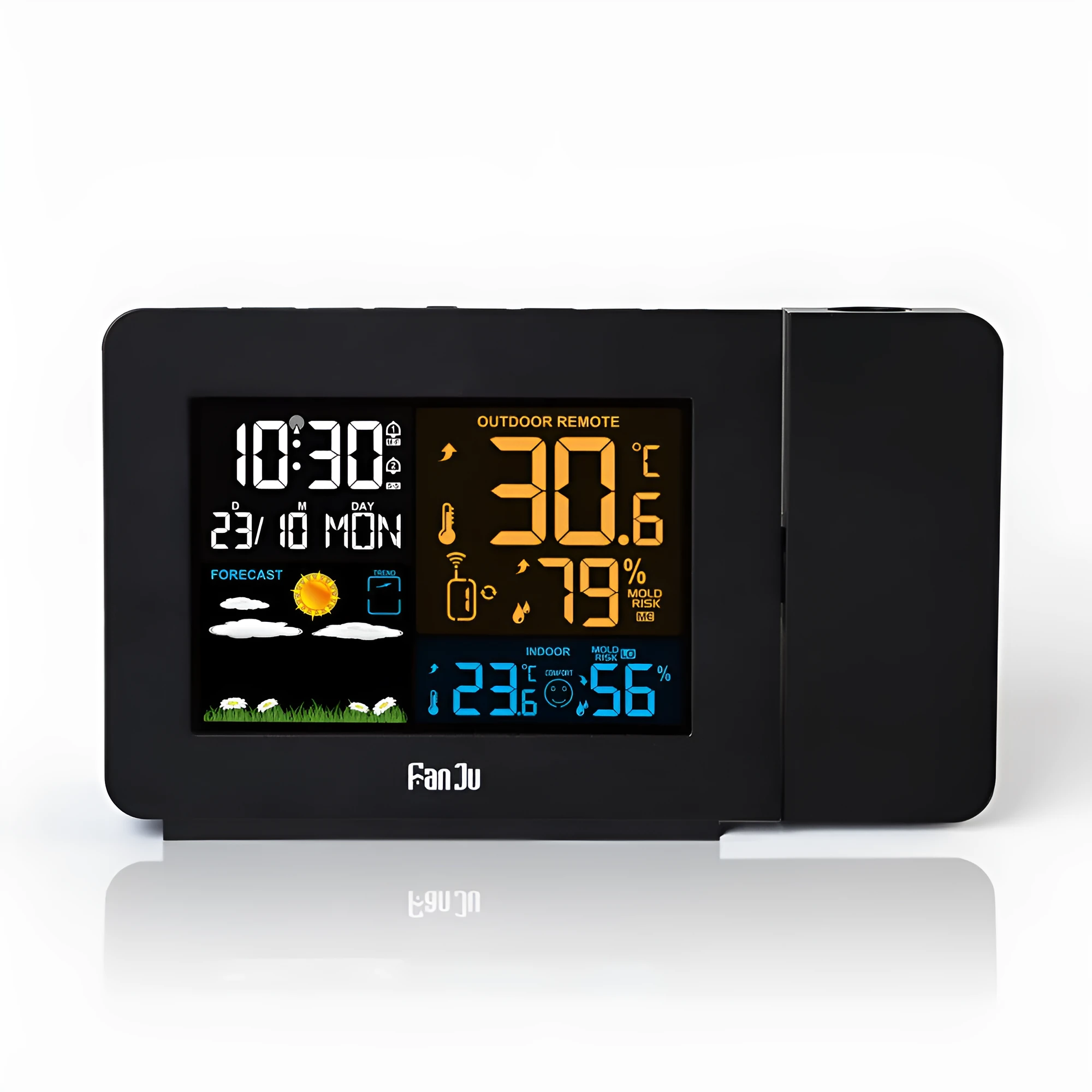 Multifunctional projection alarm clock showing time and temperature projection, with dual alarm and weather forecast on digital display