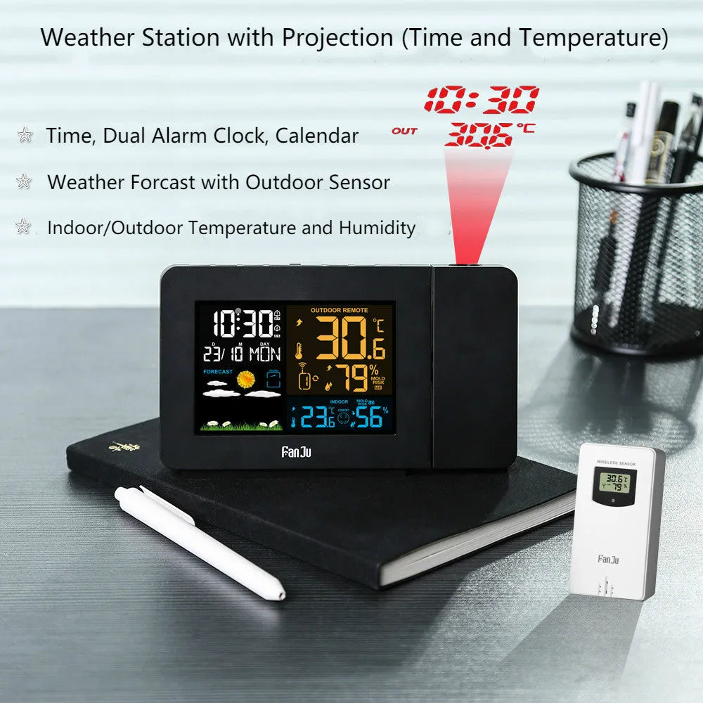 Multifunctional projection alarm clock showing time and temperature projection, with dual alarm and weather forecast on digital display
