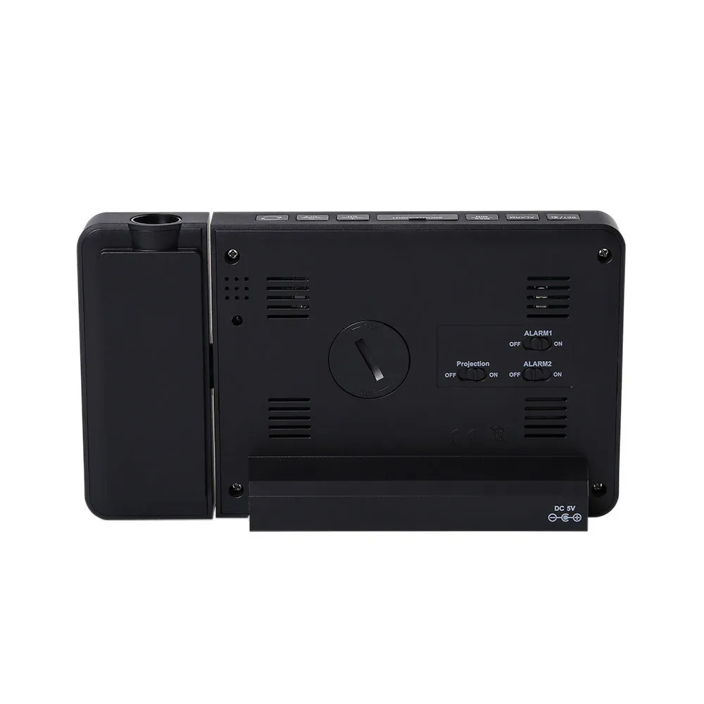 Multifunctional projection alarm clock showing time and temperature projection, with dual alarm and weather forecast on digital display