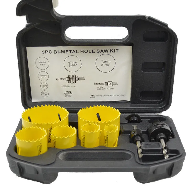 Bimetal M3 hole opener set with multiple hole saw sizes in a case.