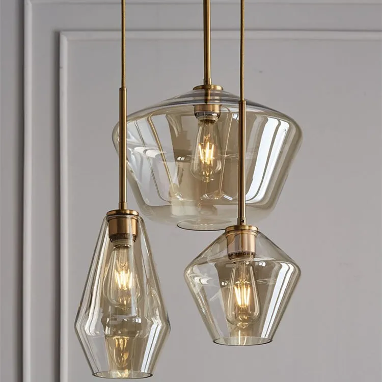 Nordic minimalist glass single head chandelier with gold hardware and cognac shade 17cm diameter