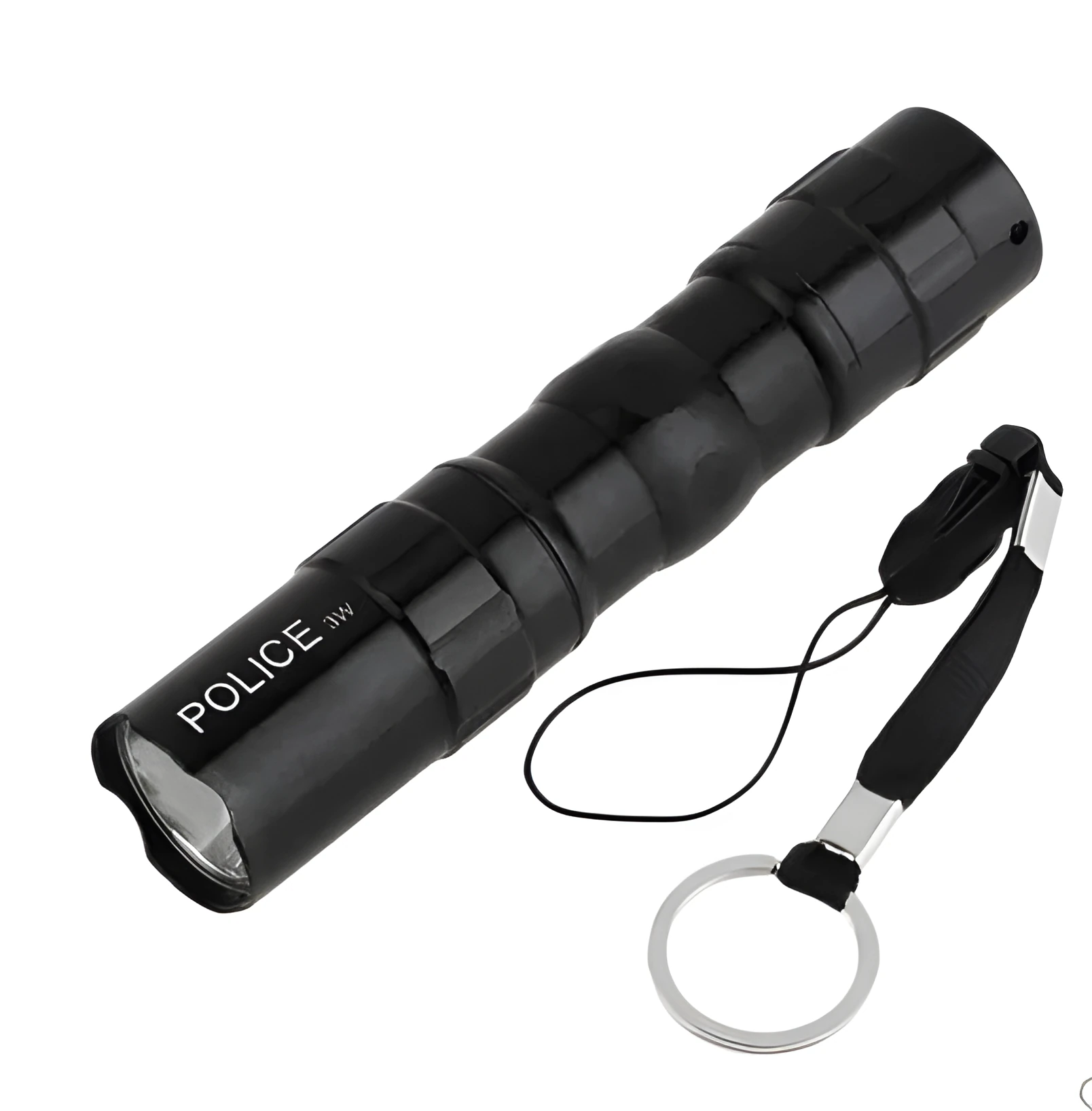 Black aluminium mini LED flashlight showing scale next to a AA battery.