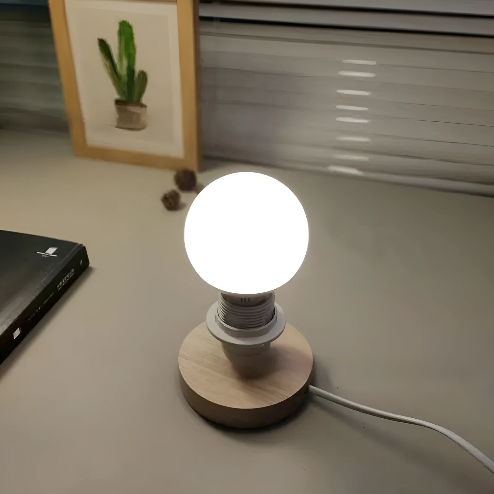 Mini table lamp with wooden base, modern simplicity style, black cord and US plug