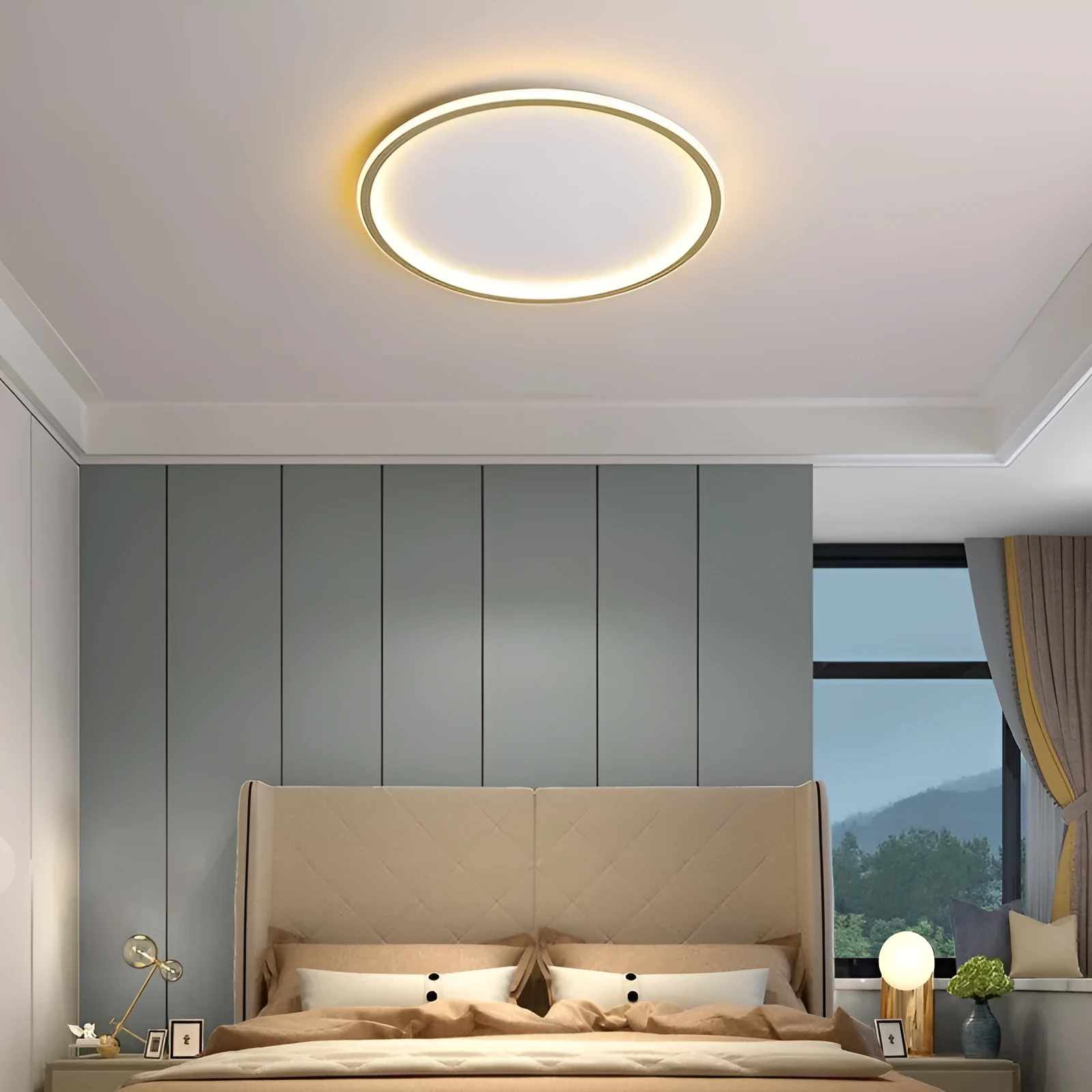 Minimalist black LED ceiling lamp with stepless dimming on white ceiling