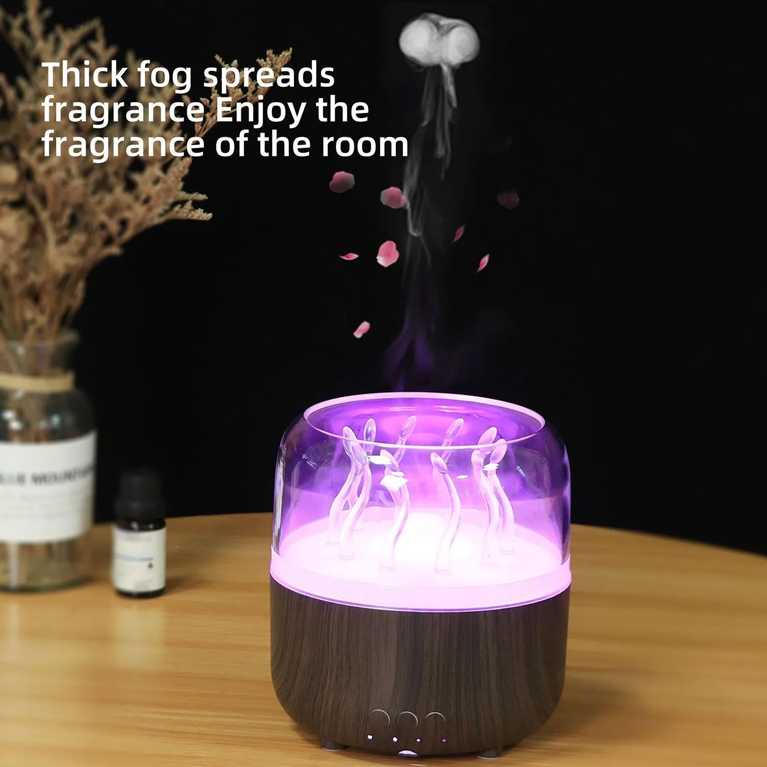 Wood grain rotating jellyfish ambience light humidifier with remote control and ultrasonic mist